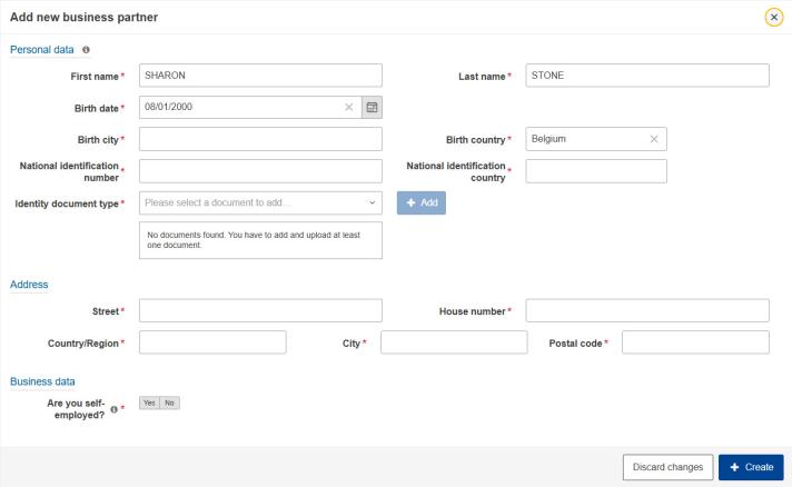 Add new business partner form