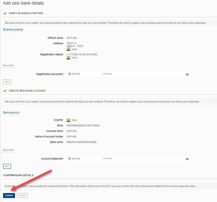Confirm bank account details