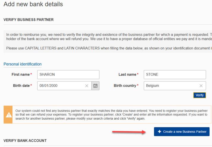 Form for the creation of a new business partner