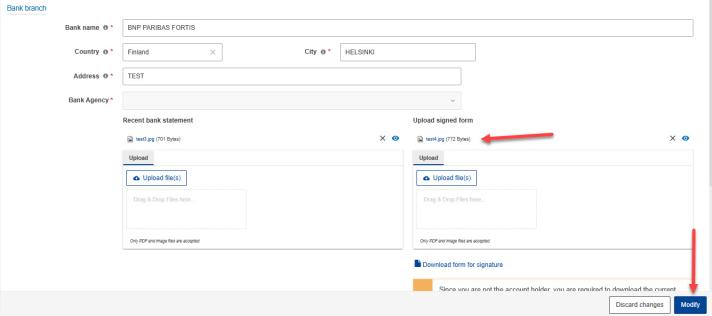 Modify bank account form