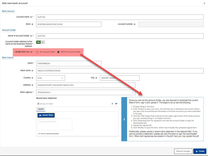 bank account creation form